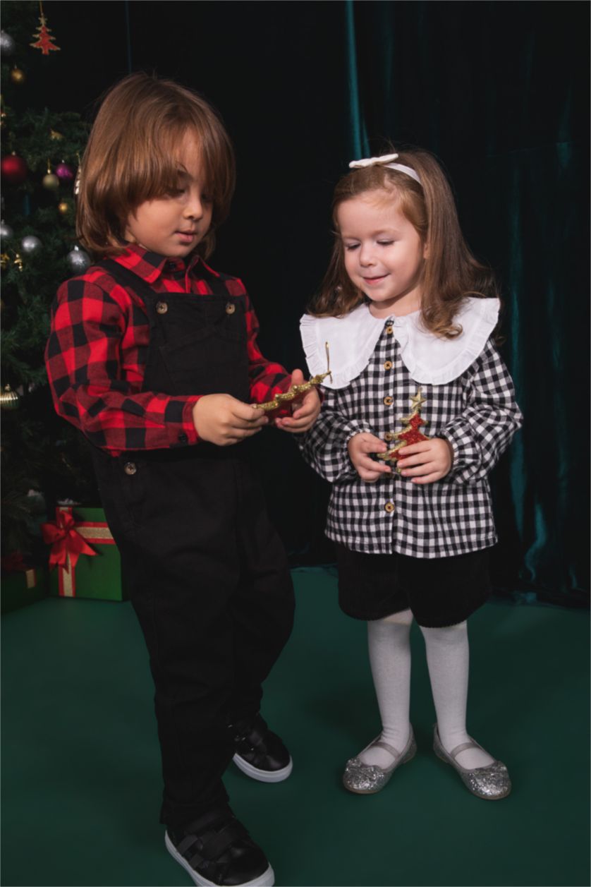 طفلة صغيرة أسود قميص كاروهات بناتي قصة عادية كم طويل برقبة كبيرة