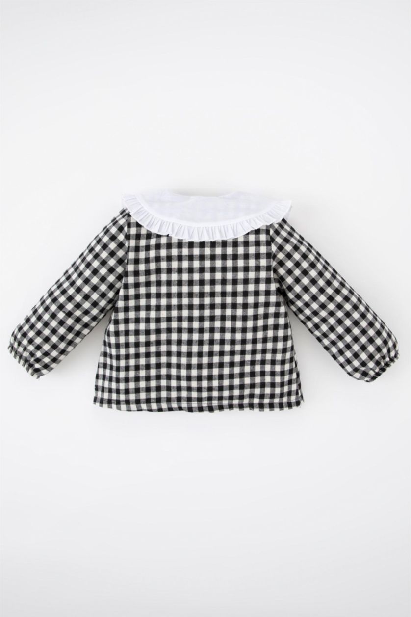 طفلة صغيرة أسود قميص كاروهات بناتي قصة عادية كم طويل برقبة كبيرة