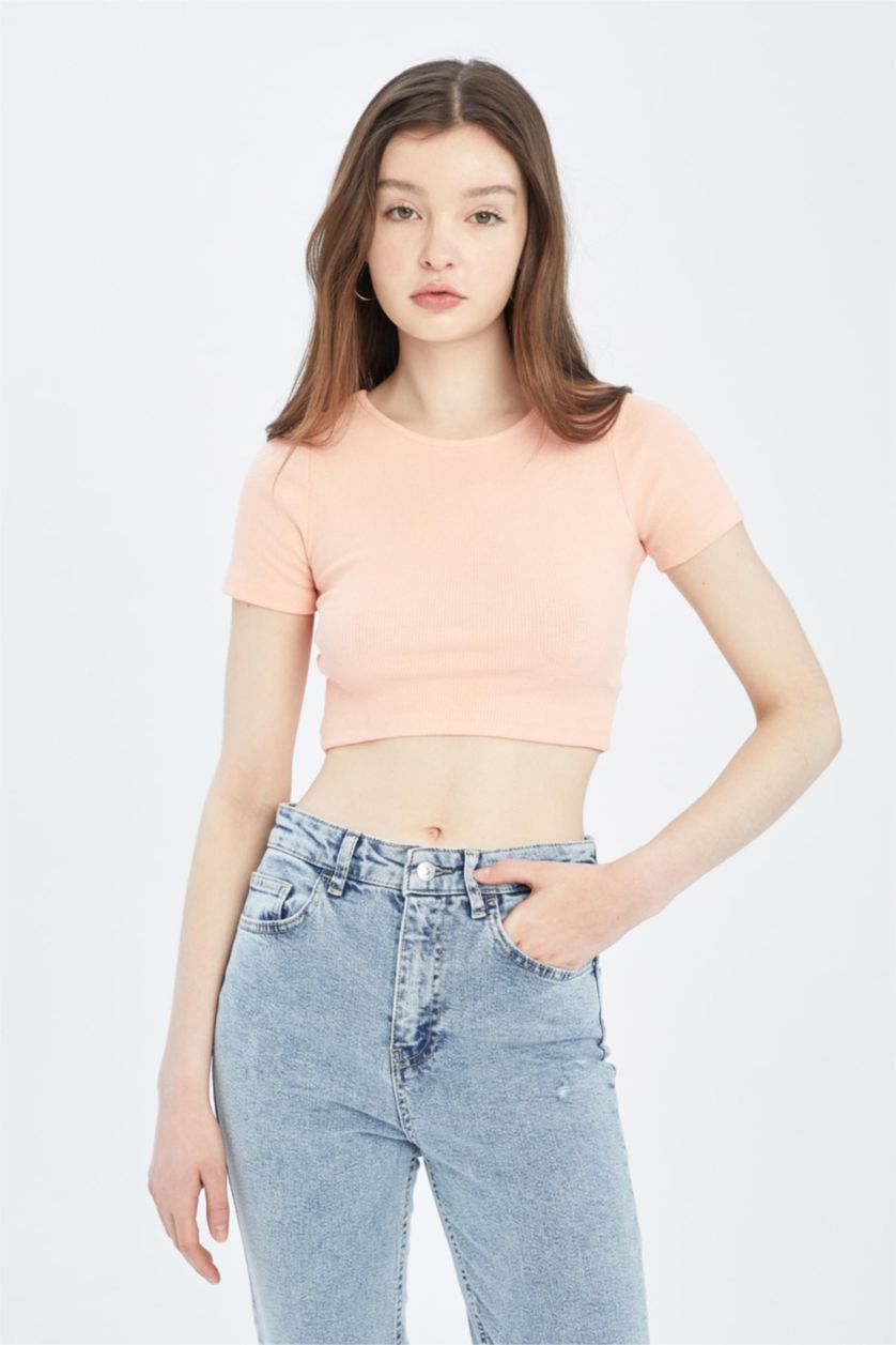 نساء سيموني تي شيرت كروب نص كم بياقة دائرية