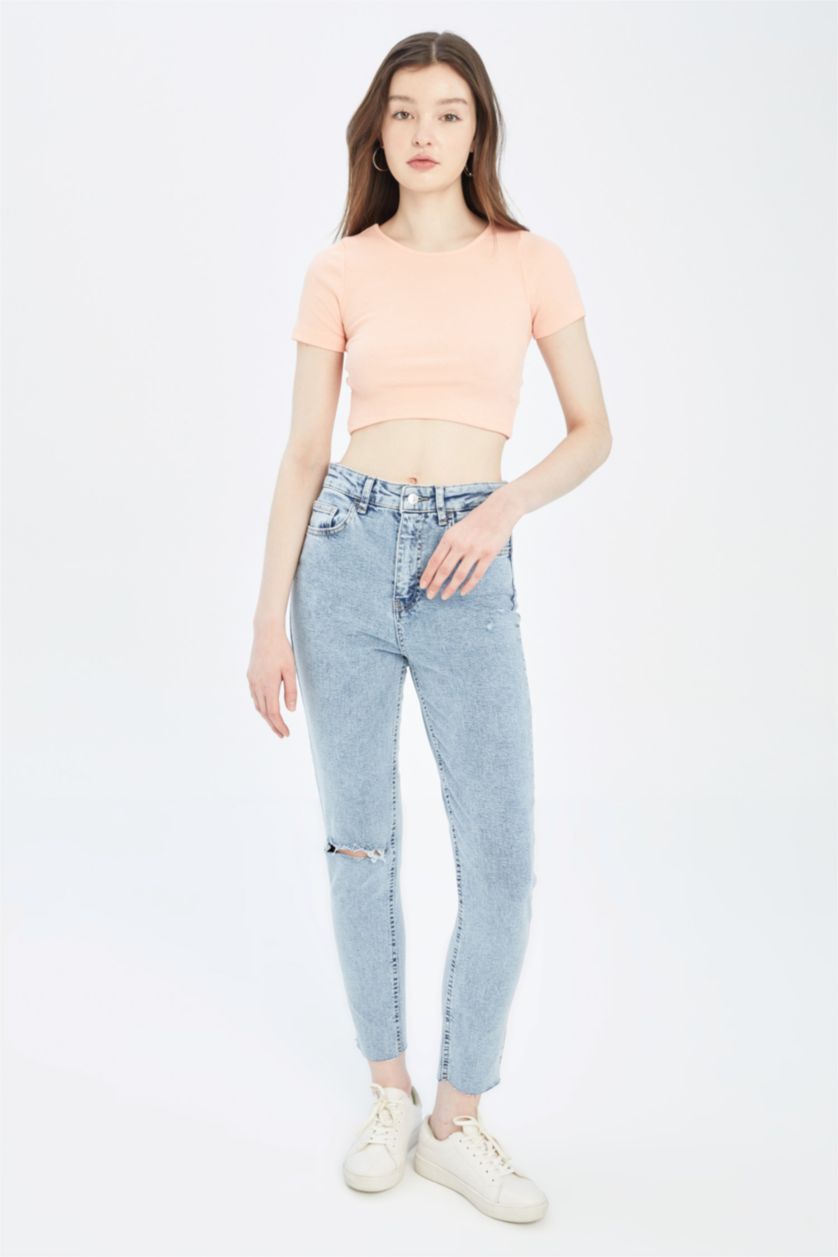 نساء سيموني تي شيرت كروب نص كم بياقة دائرية