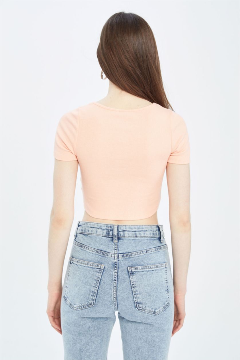 نساء سيموني تي شيرت كروب نص كم بياقة دائرية