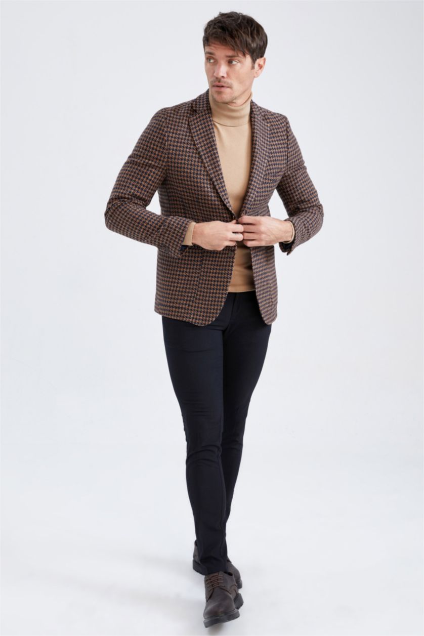 Erkek Camel Slim Fit Kazayağı Desenli Astarlı Blazer Ceket