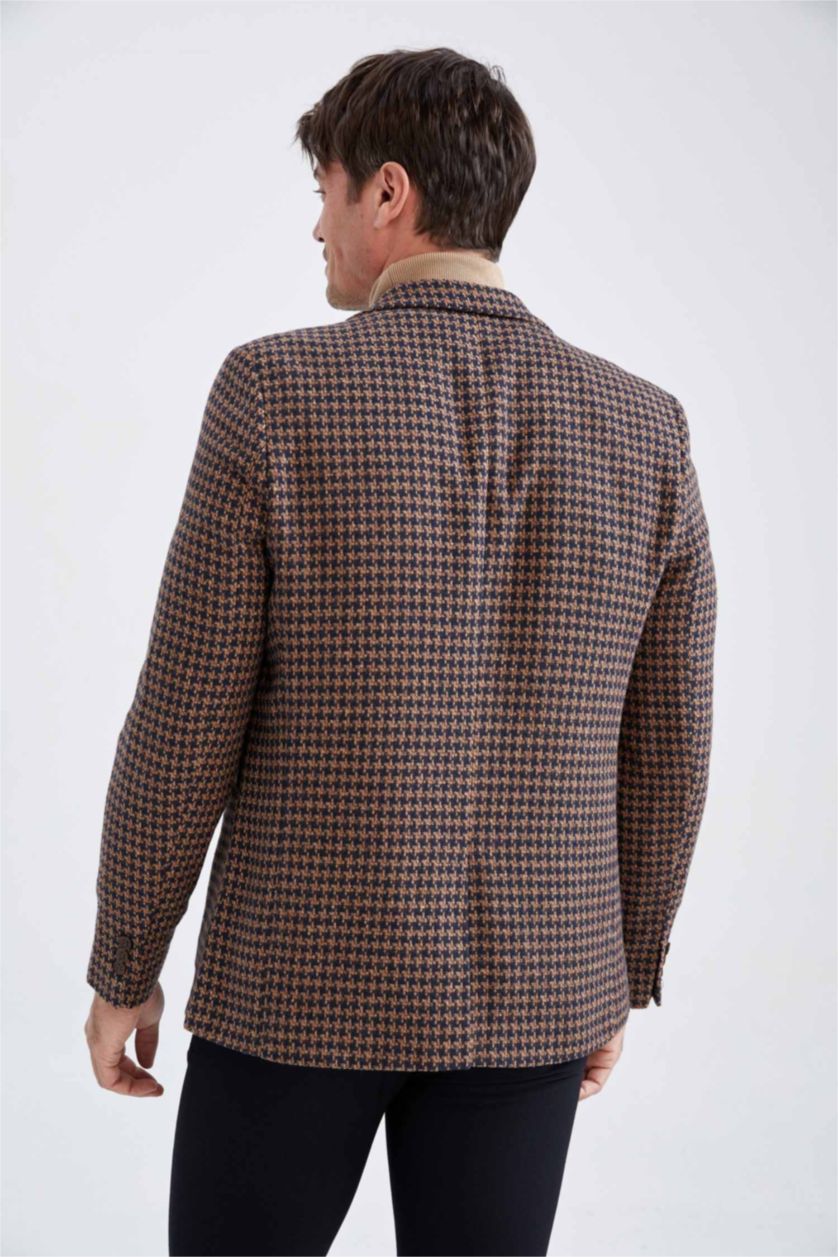 Erkek Camel Slim Fit Kazayağı Desenli Astarlı Blazer Ceket