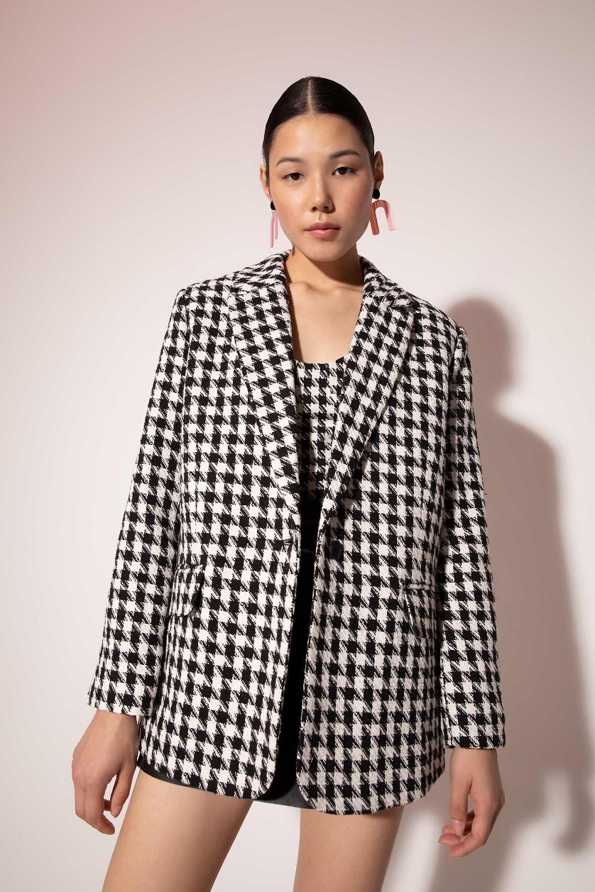 نساء أسود سترة بليزر قصة عادية تويد