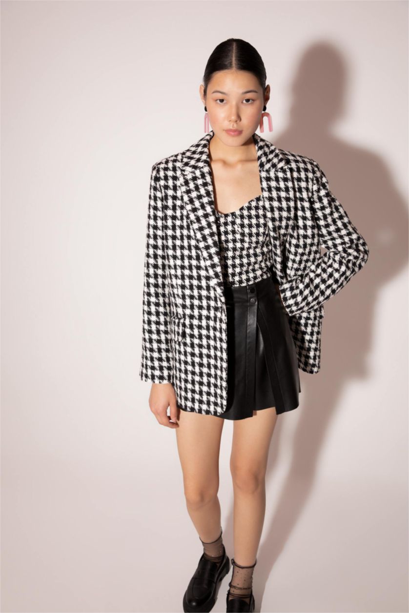 نساء أسود سترة بليزر قصة عادية تويد