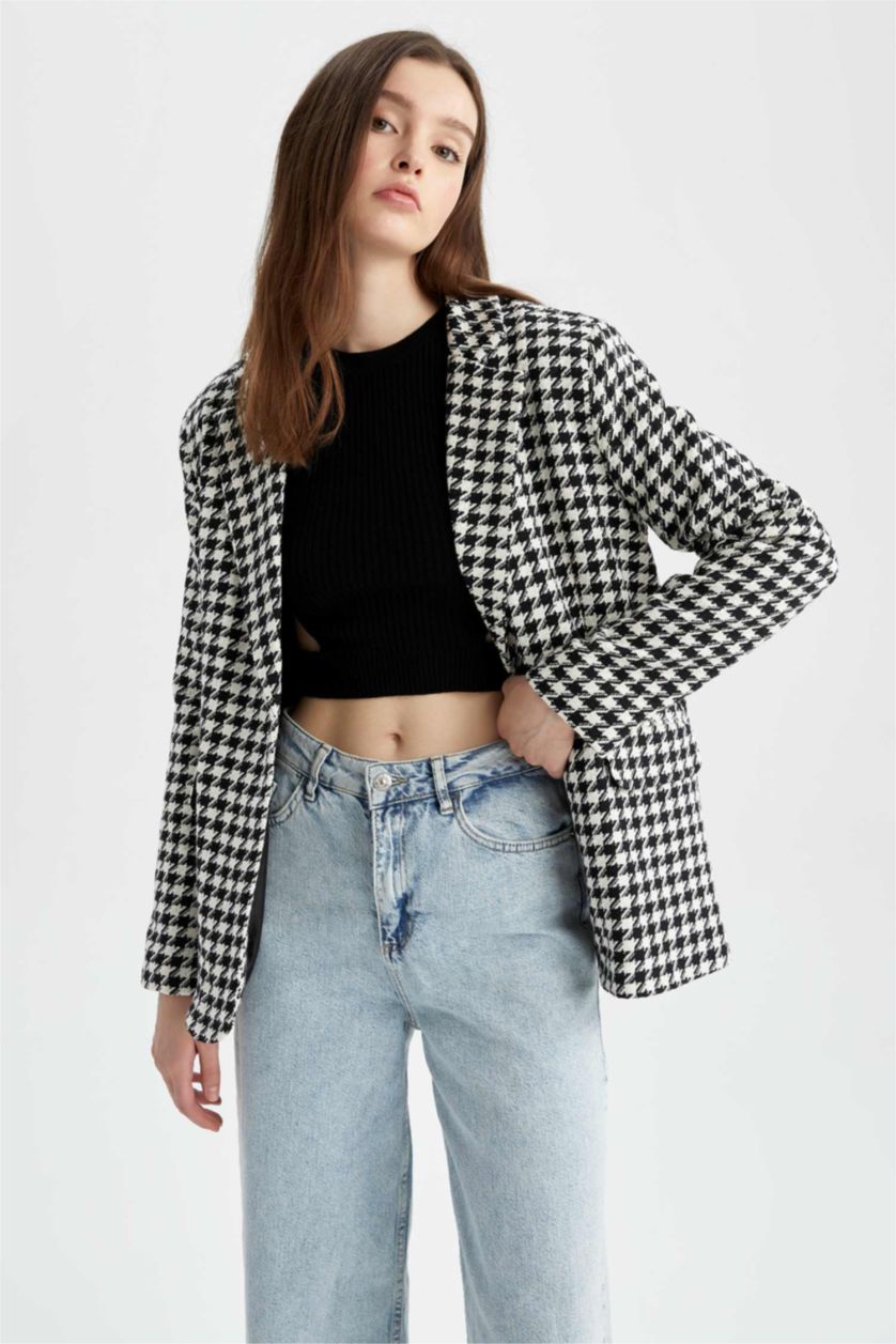 نساء أسود سترة بليزر قصة عادية تويد