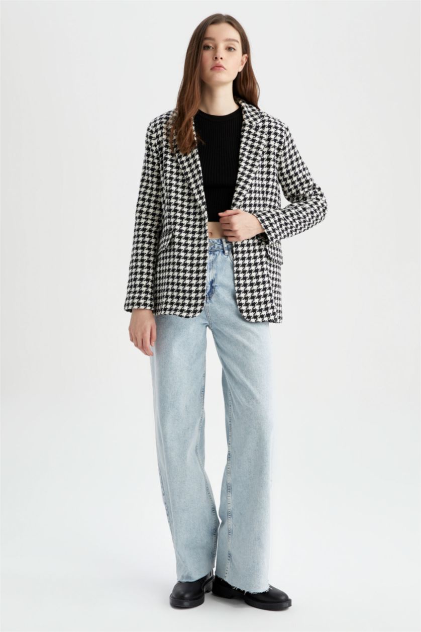 نساء أسود سترة بليزر قصة عادية تويد