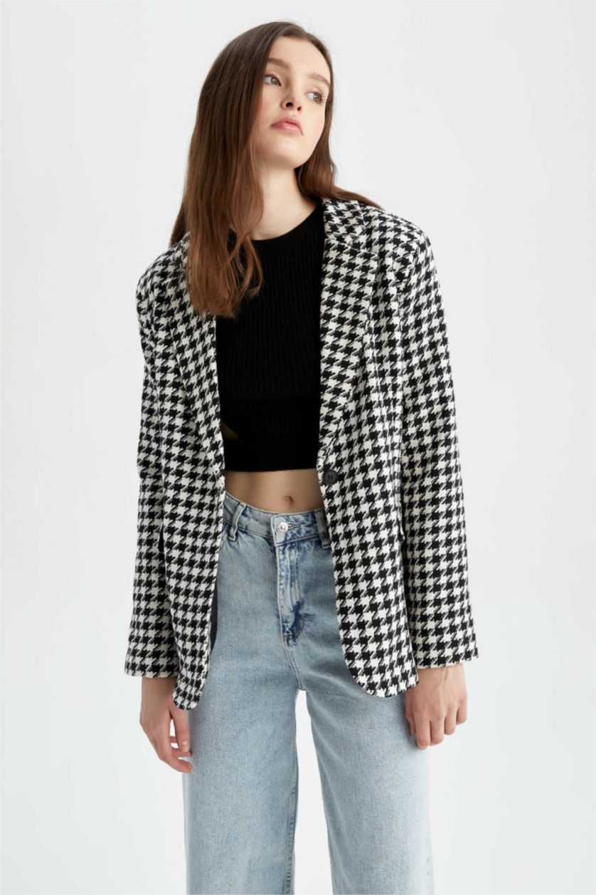 نساء أسود سترة بليزر قصة عادية تويد