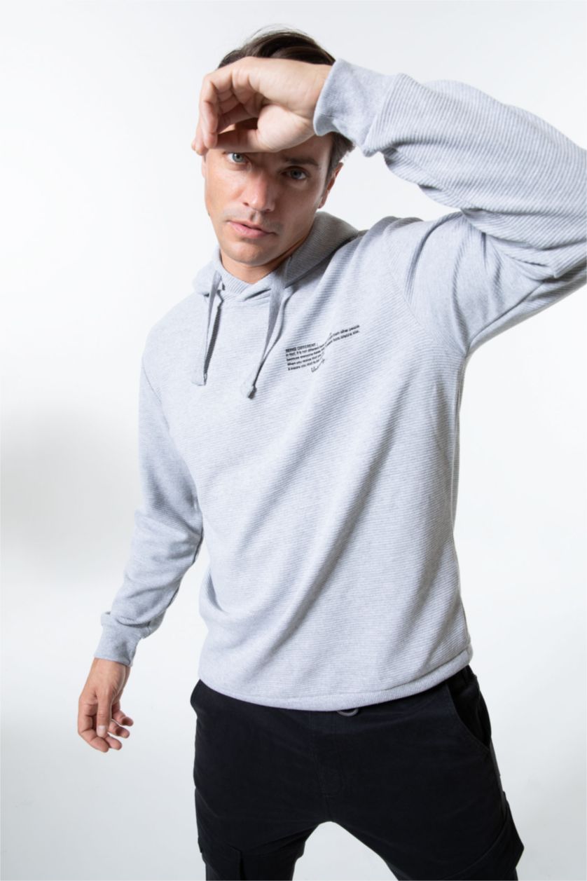 HOMME Gris Clair Sweat- Shirt Coupe Régulière À capuche Imprimé Manche Longue