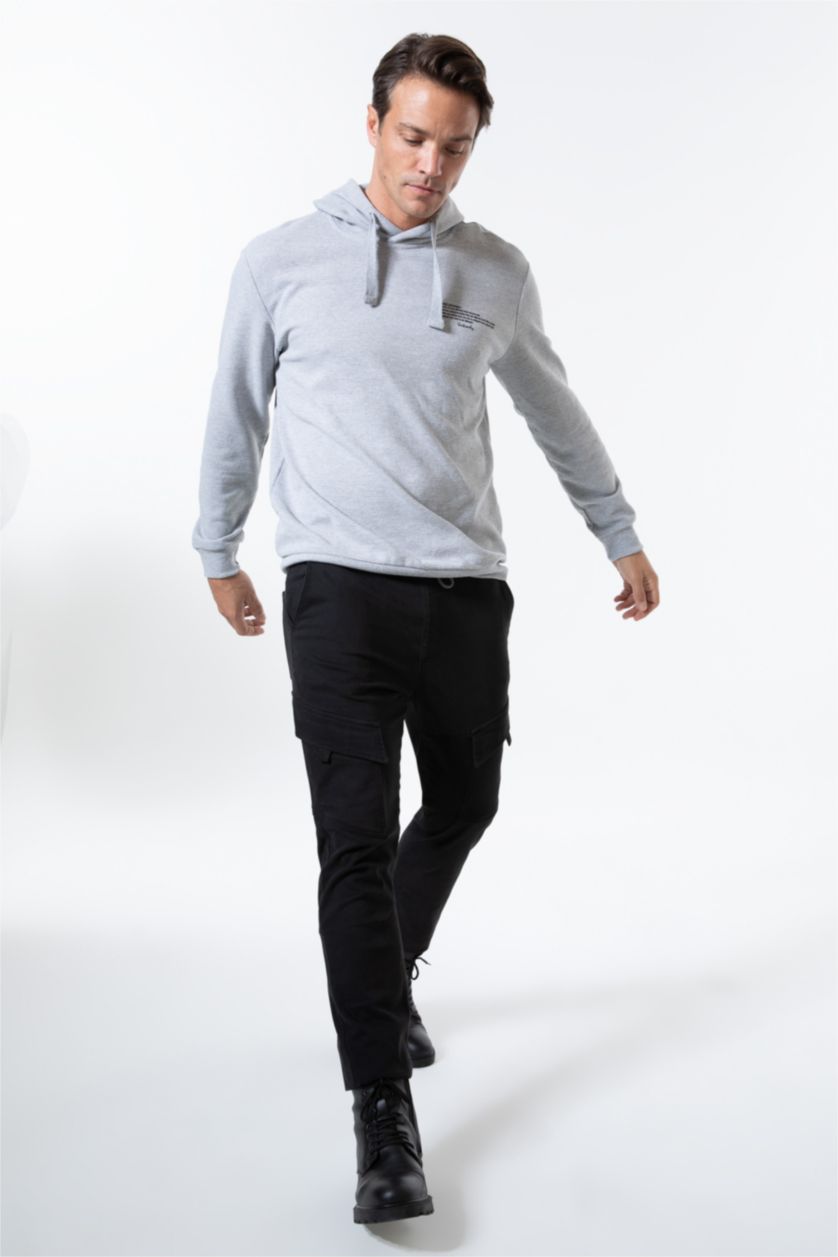 HOMME Gris Clair Sweat- Shirt Coupe Régulière À capuche Imprimé Manche Longue