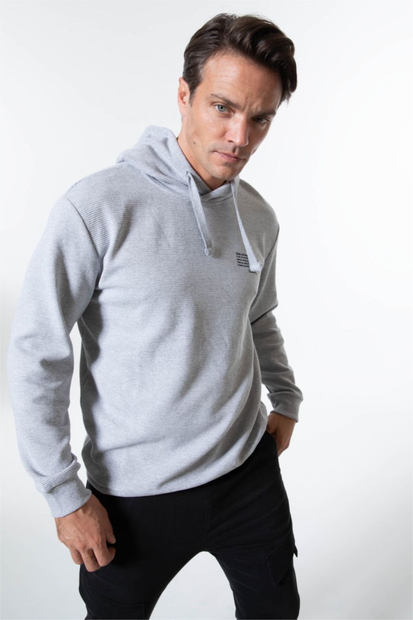 HOMME Gris Clair Sweat- Shirt Coupe Régulière À capuche Imprimé Manche Longue