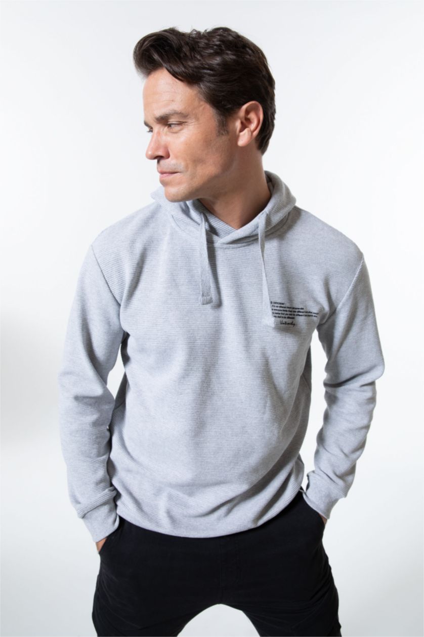 HOMME Gris Clair Sweat- Shirt Coupe Régulière À capuche Imprimé Manche Longue