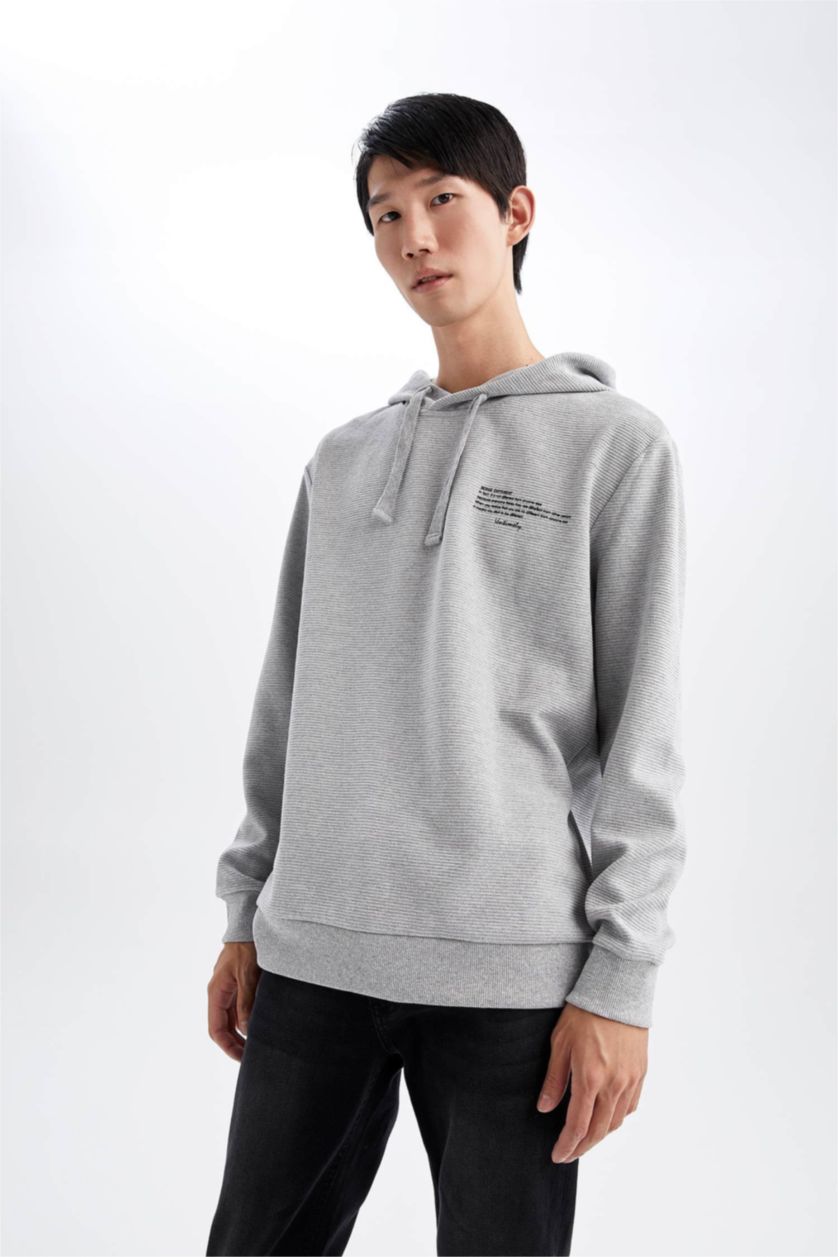 HOMME Gris Clair Sweat- Shirt Coupe Régulière À capuche Imprimé Manche Longue