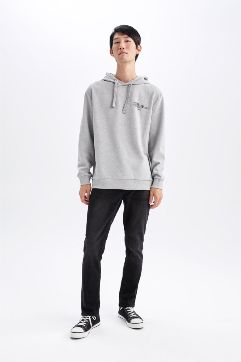 HOMME Gris Clair Sweat- Shirt Coupe Régulière À capuche Imprimé Manche Longue