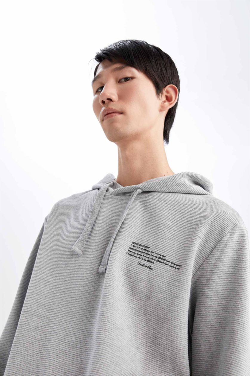 HOMME Gris Clair Sweat- Shirt Coupe Régulière À capuche Imprimé Manche Longue