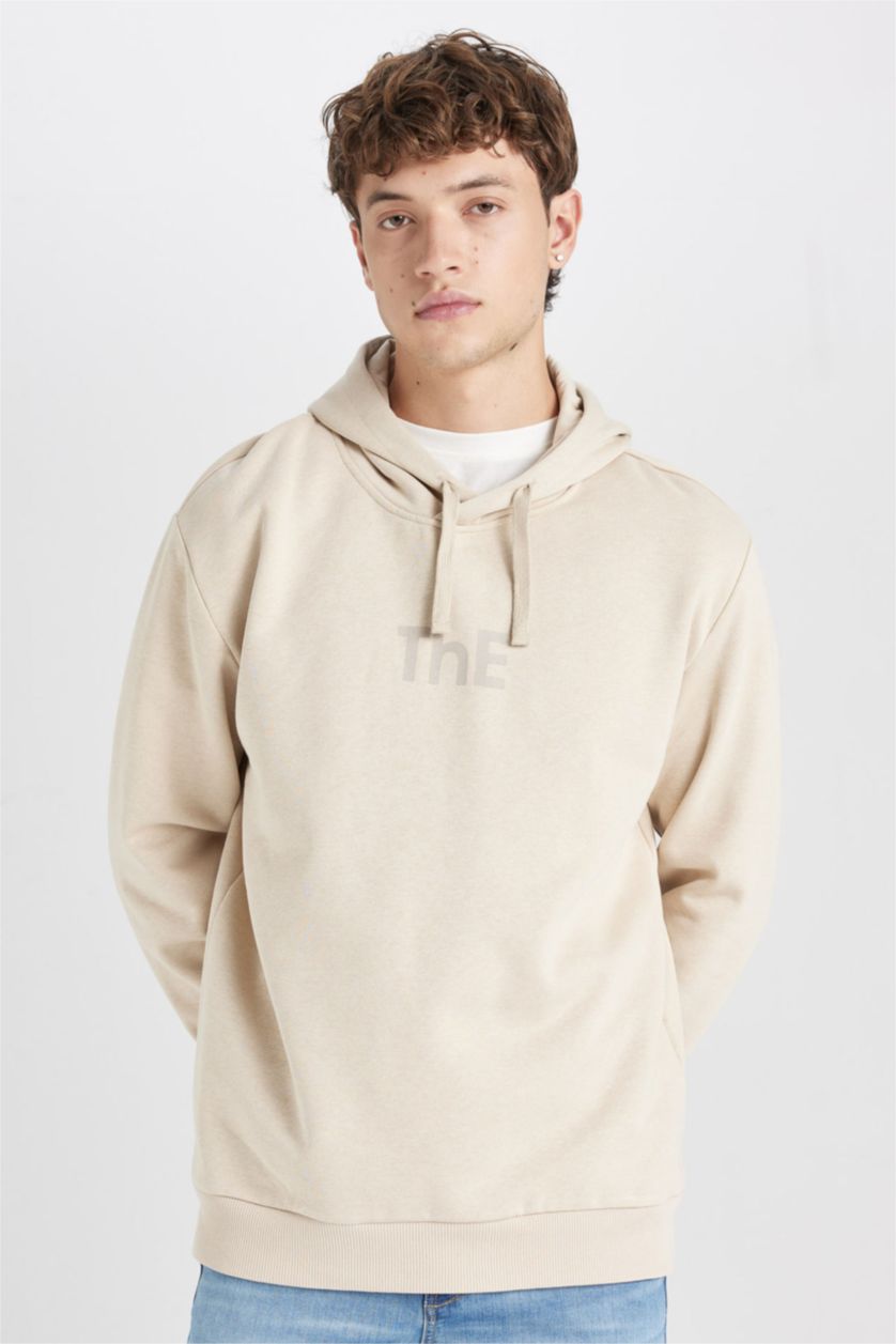 HOMME Beige Sweat- Shirt Coupe Régulière À capuche Imprimé Manche Longue