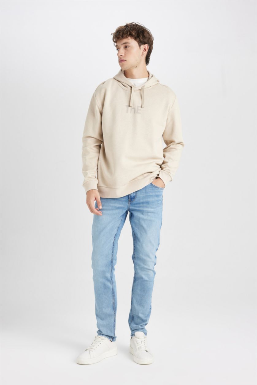 HOMME Beige Sweat- Shirt Coupe Régulière À capuche Imprimé Manche Longue