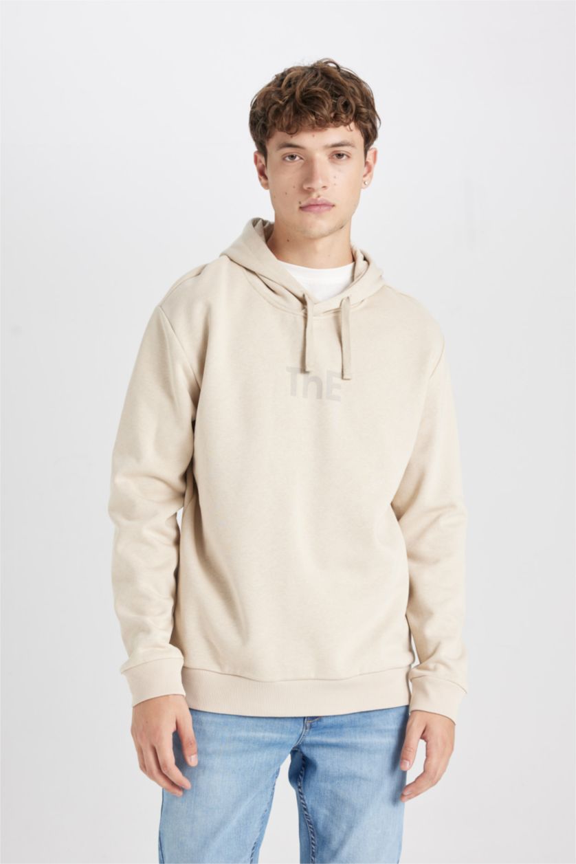 HOMME Beige Sweat- Shirt Coupe Régulière À capuche Imprimé Manche Longue