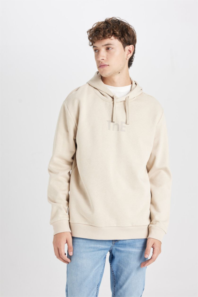 HOMME Beige Sweat- Shirt Coupe Régulière À capuche Imprimé Manche Longue