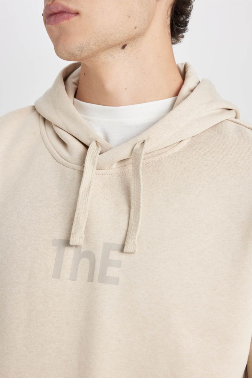 HOMME Beige Sweat- Shirt Coupe Régulière À capuche Imprimé Manche Longue