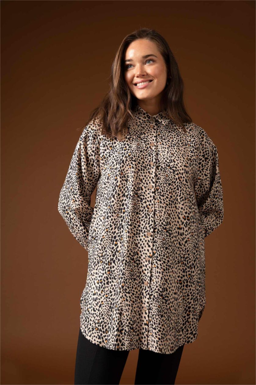 FEMME Beige Tunique À Manches Longues Coupe Régulière Imprimé Col De Chemise