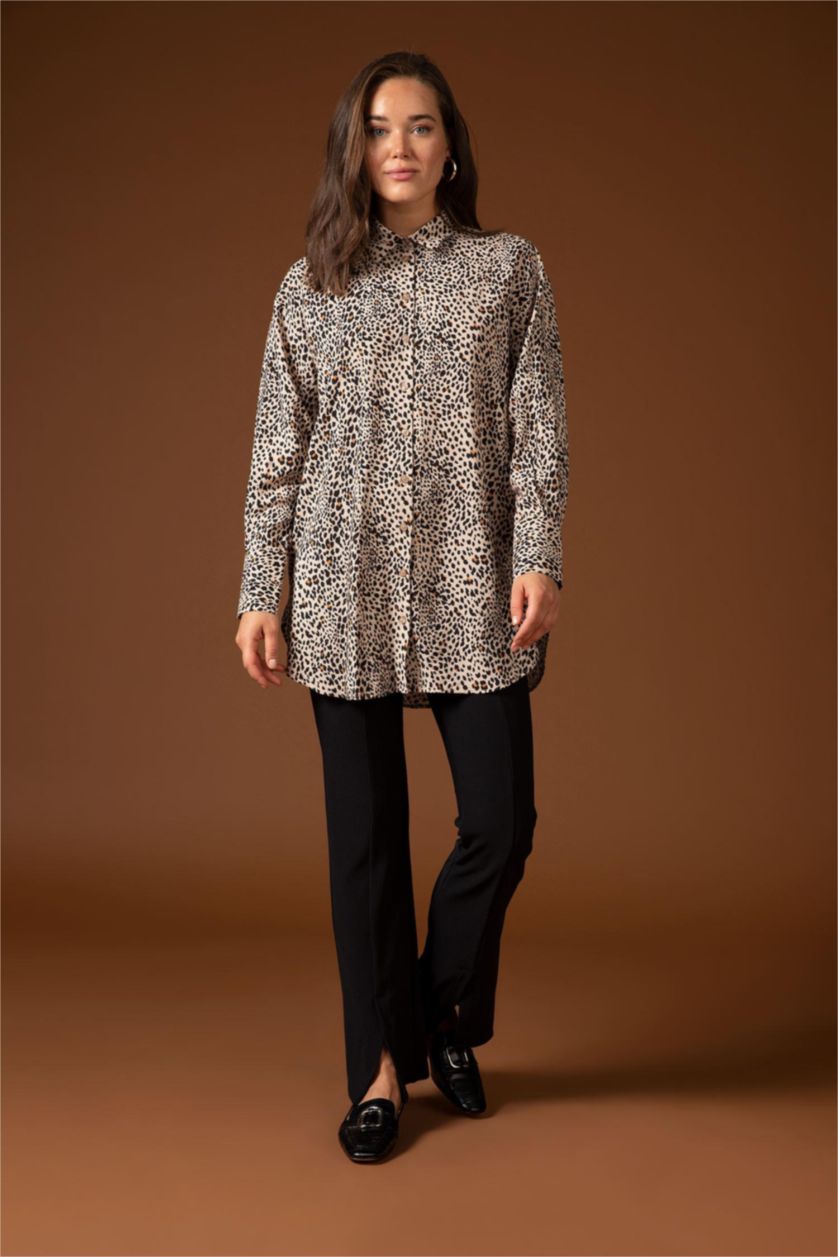 FEMME Beige Tunique À Manches Longues Coupe Régulière Imprimé Col De Chemise