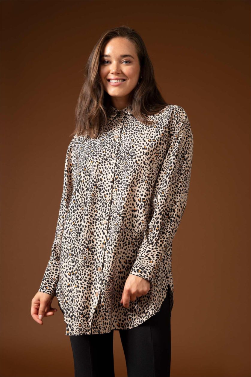 FEMME Beige Tunique À Manches Longues Coupe Régulière Imprimé Col De Chemise