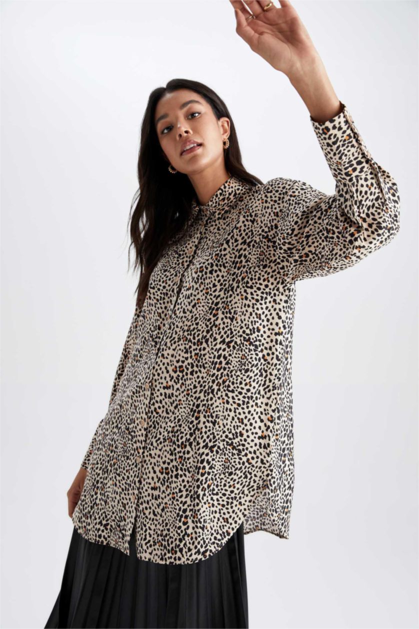 FEMME Beige Tunique À Manches Longues Coupe Régulière Imprimé Col De Chemise