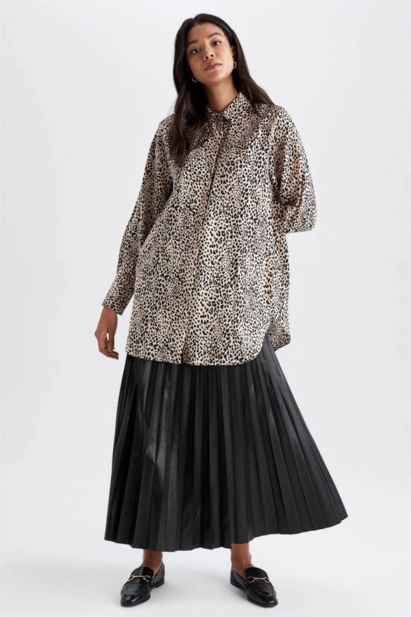 FEMME Beige Tunique À Manches Longues Coupe Régulière Imprimé Col De Chemise