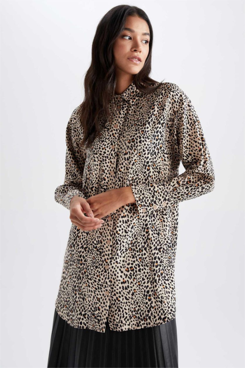 FEMME Beige Tunique À Manches Longues Coupe Régulière Imprimé Col De Chemise