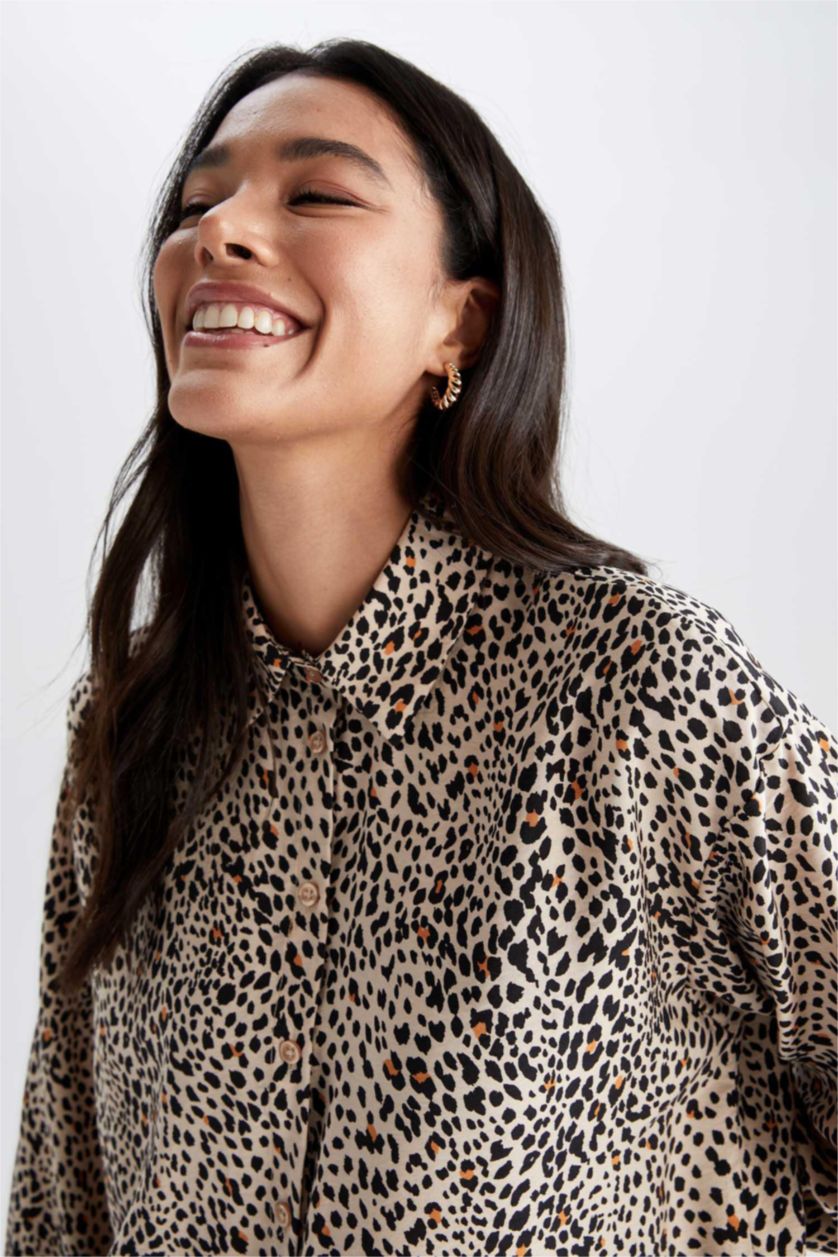 FEMME Beige Tunique À Manches Longues Coupe Régulière Imprimé Col De Chemise