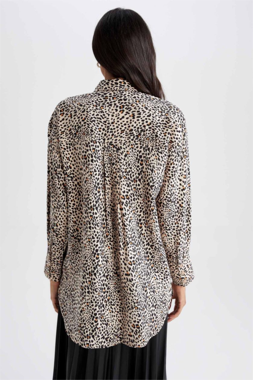 FEMME Beige Tunique À Manches Longues Coupe Régulière Imprimé Col De Chemise