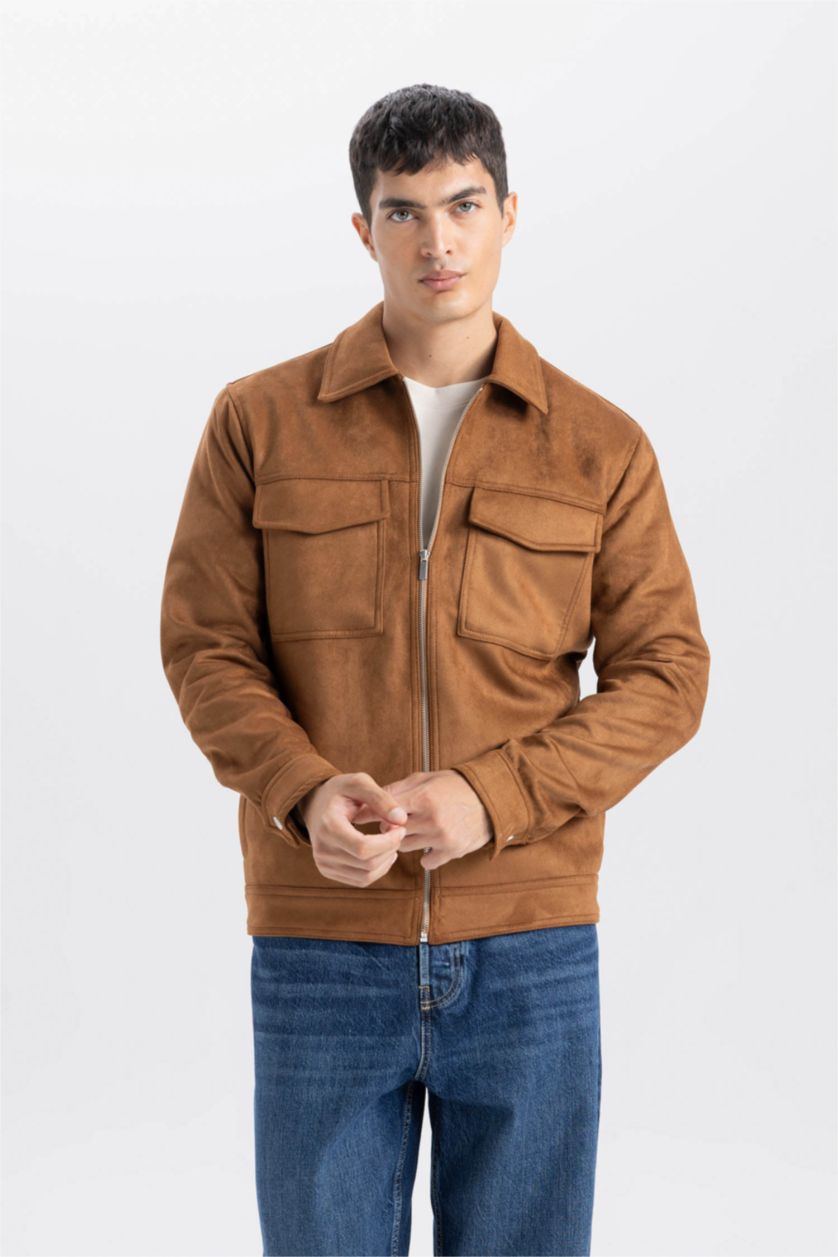 MAN Brown Slim Fit Polo Neck Suede Jacket