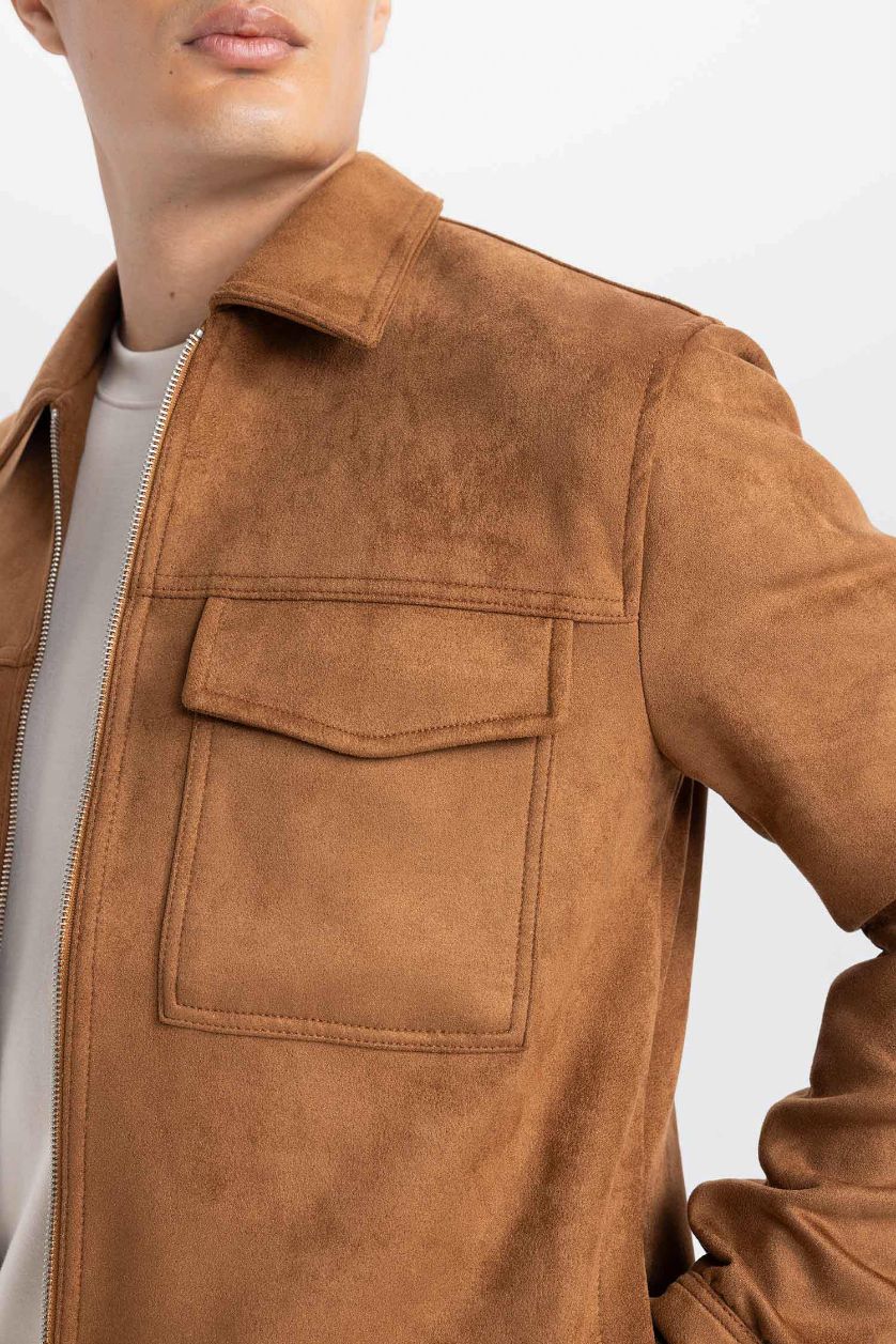 MAN Brown Slim Fit Polo Neck Suede Jacket