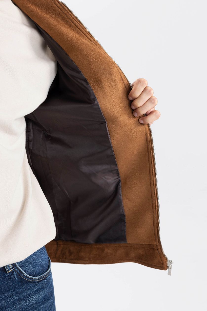 MAN Brown Slim Fit Polo Neck Suede Jacket