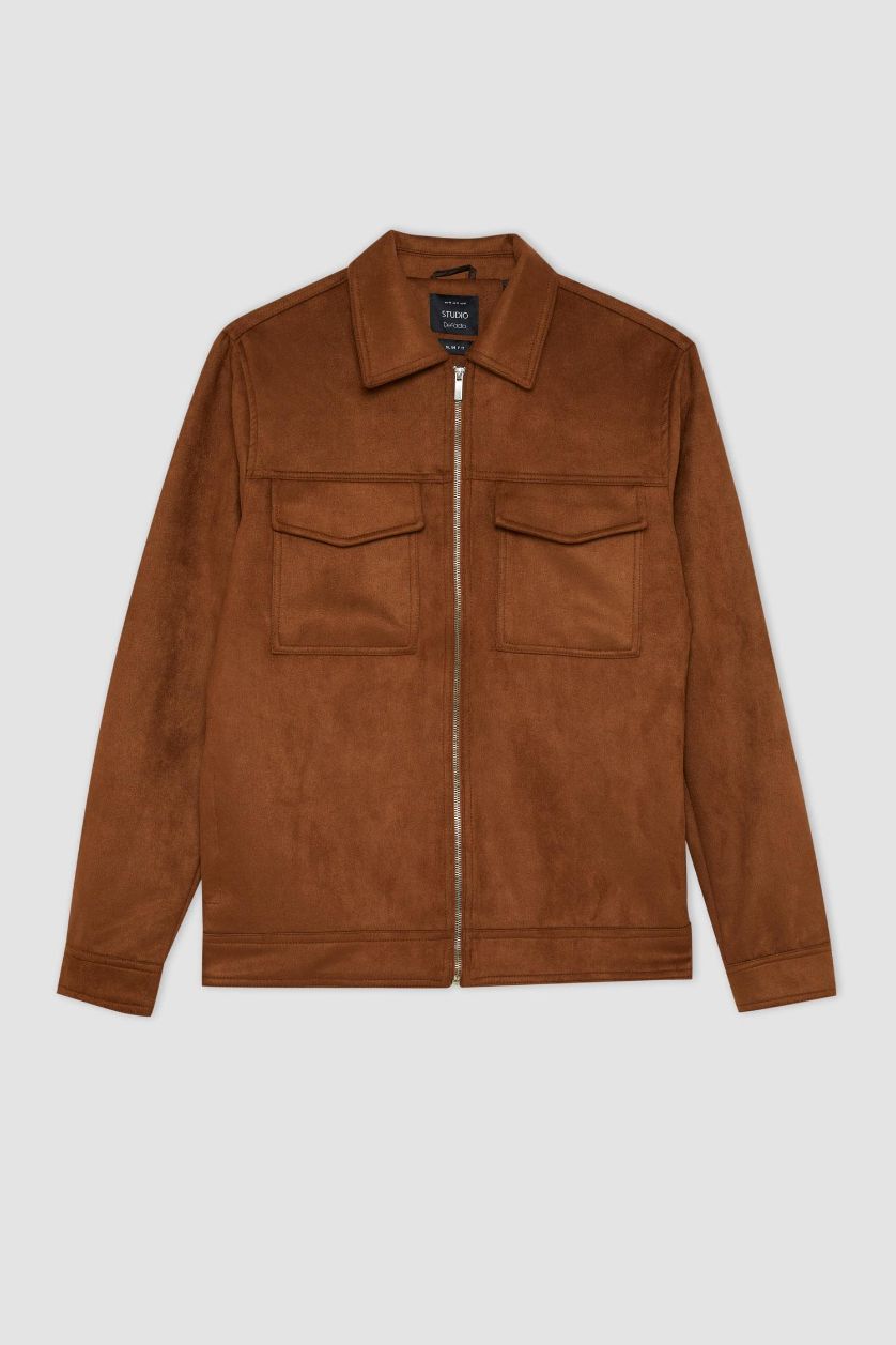 MAN Brown Slim Fit Polo Neck Suede Jacket