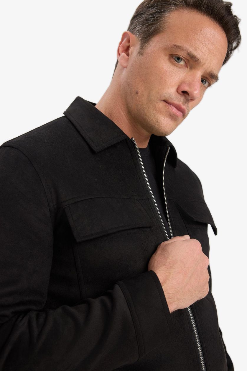 Erkek Siyah Slim Fit Dar Kesim Polo Yaka Astarlı Fermuarlı Cepli Mevsimlik Baharlık Süet Mont