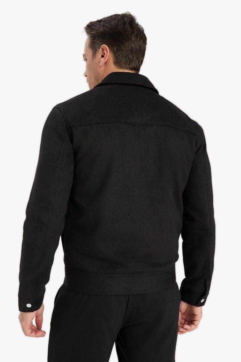 Erkek Siyah Slim Fit Dar Kesim Polo Yaka Astarlı Fermuarlı Cepli Mevsimlik Baharlık Süet Mont