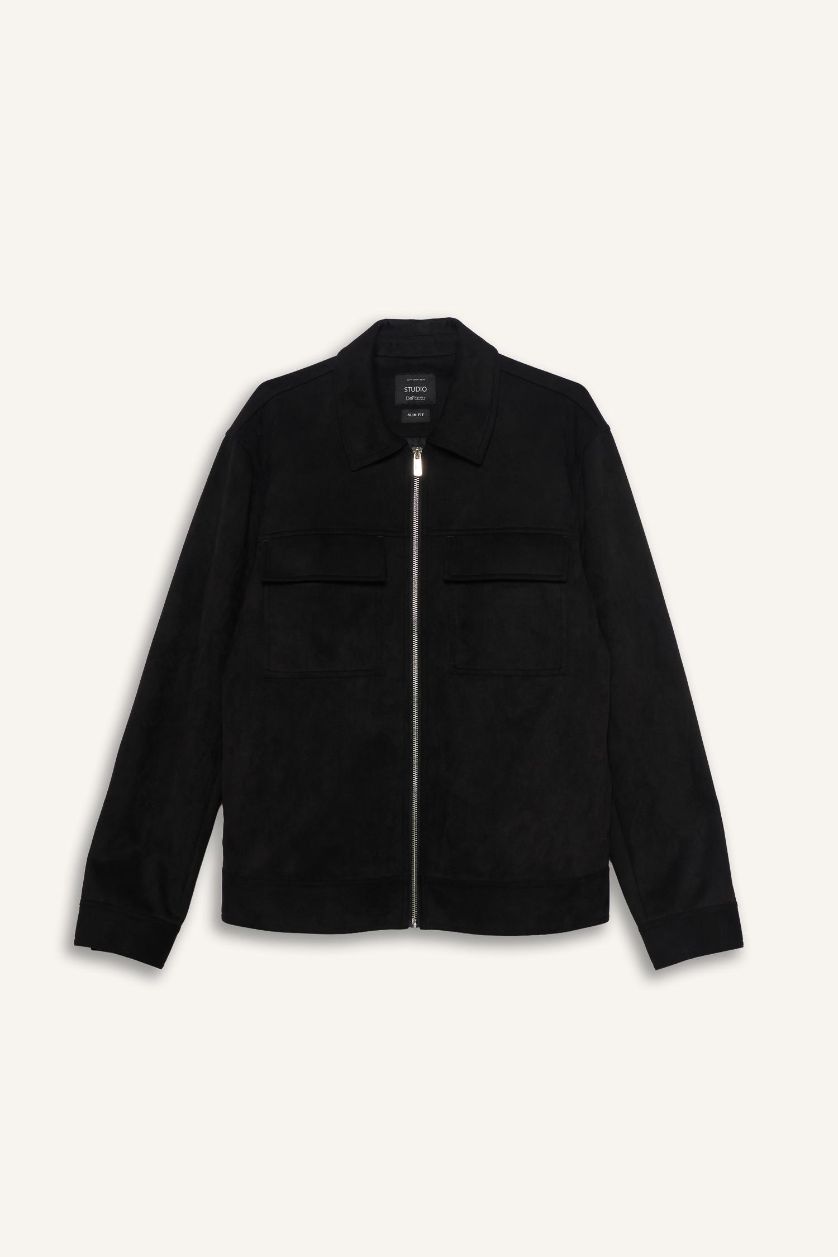 Erkek Siyah Slim Fit Dar Kesim Polo Yaka Astarlı Fermuarlı Cepli Mevsimlik Baharlık Süet Mont