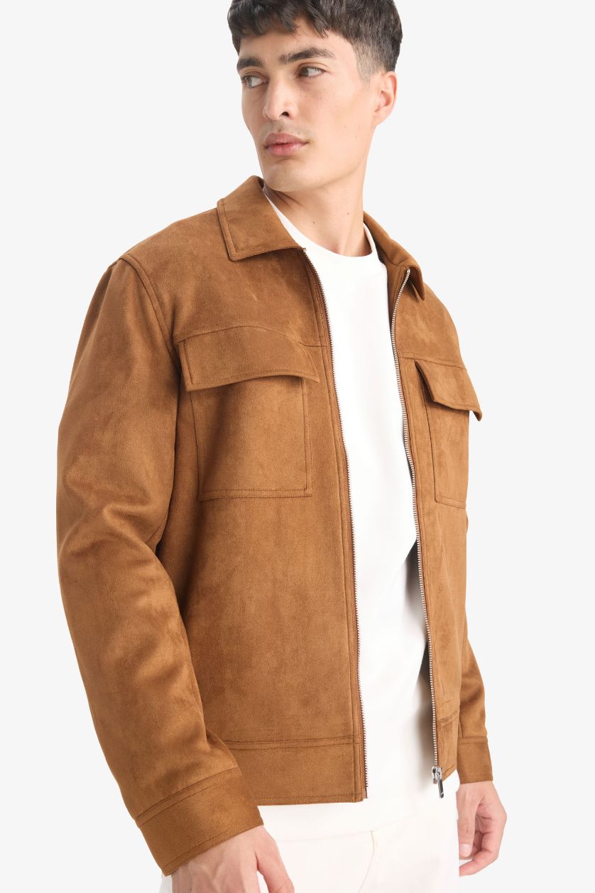 Erkek Kahve Slim Fit Dar Kesim Polo Yaka Astarlı Fermuarlı Cepli Mevsimlik Baharlık Süet Mont