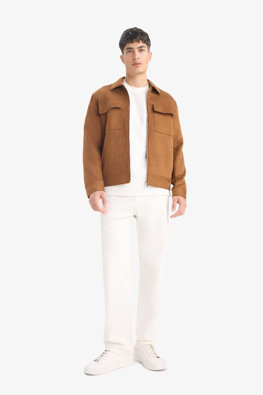 Erkek Kahve Slim Fit Dar Kesim Polo Yaka Astarlı Fermuarlı Cepli Mevsimlik Baharlık Süet Mont