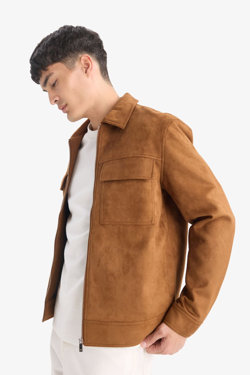 Erkek Kahve Slim Fit Dar Kesim Polo Yaka Astarlı Fermuarlı Cepli Mevsimlik Baharlık Süet Mont