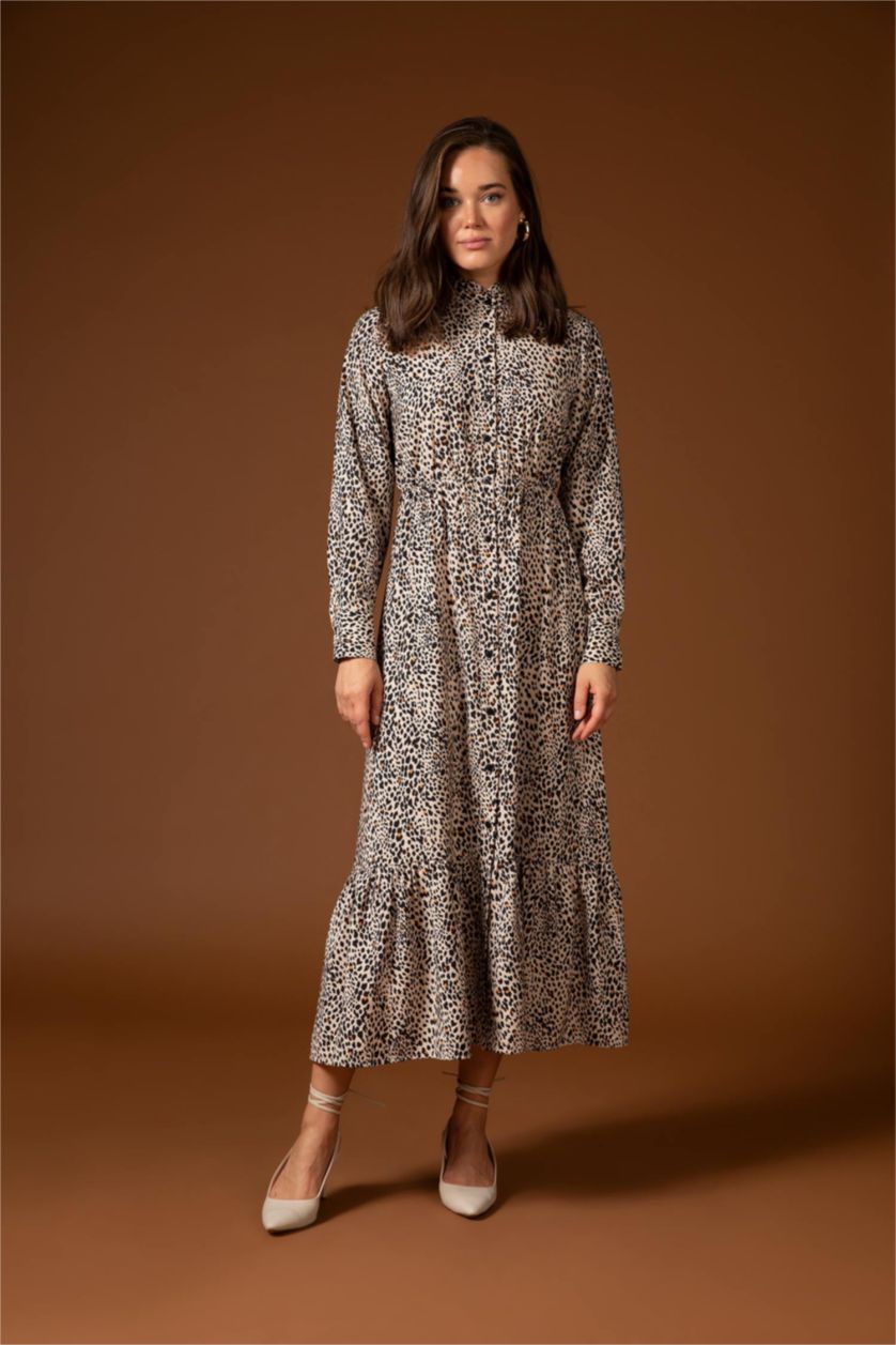 FEMME Orange Robe Tissée À Manches Longues Imprimé Col montant