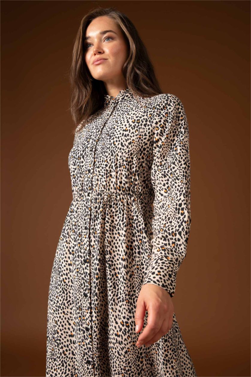 FEMME Orange Robe Tissée À Manches Longues Imprimé Col montant