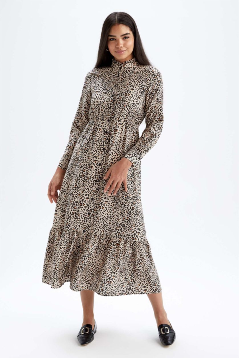 FEMME Orange Robe Tissée À Manches Longues Imprimé Col montant