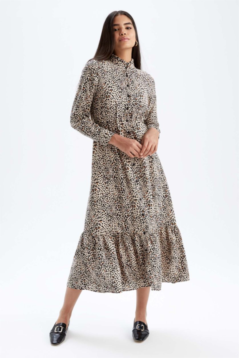 FEMME Orange Robe Tissée À Manches Longues Imprimé Col montant