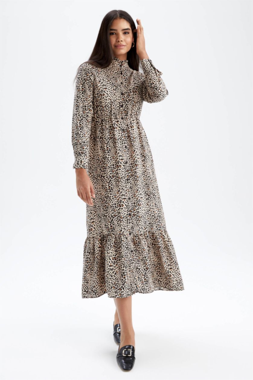 FEMME Orange Robe Tissée À Manches Longues Imprimé Col montant