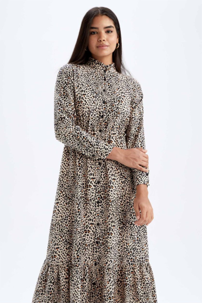 FEMME Orange Robe Tissée À Manches Longues Imprimé Col montant