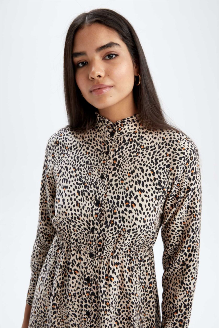 FEMME Orange Robe Tissée À Manches Longues Imprimé Col montant