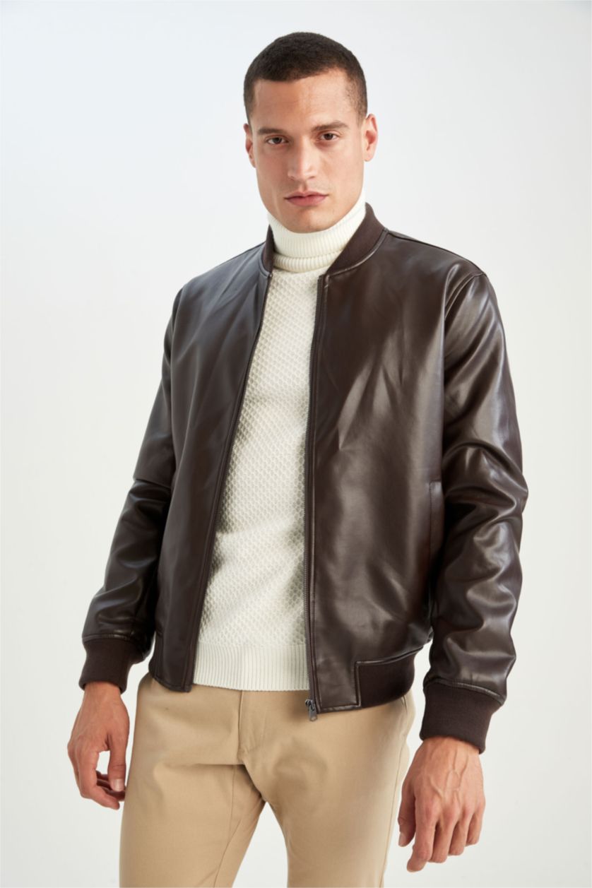 MAN Brown Slim Fit College Collar Faux Leather Bomber Jacket